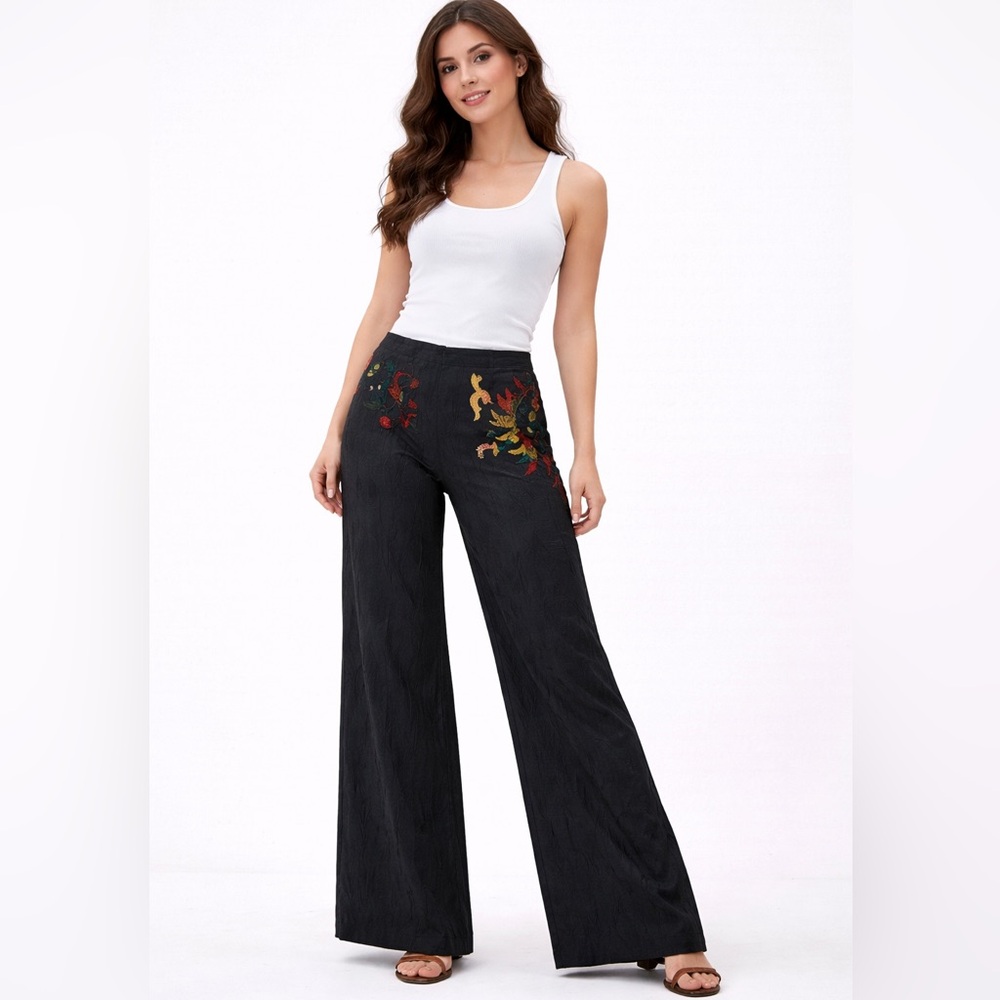 Y2K Legatte‎ Save the Queen Designer Black Wide Leg Pants Dragons Italy 6 8 NWT